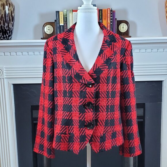 Coldwater Creek Jackets & Blazers - Coldwater Creek Red Black Houndstooth Blazer Jacket 3/4 Sleeve | Sz 14